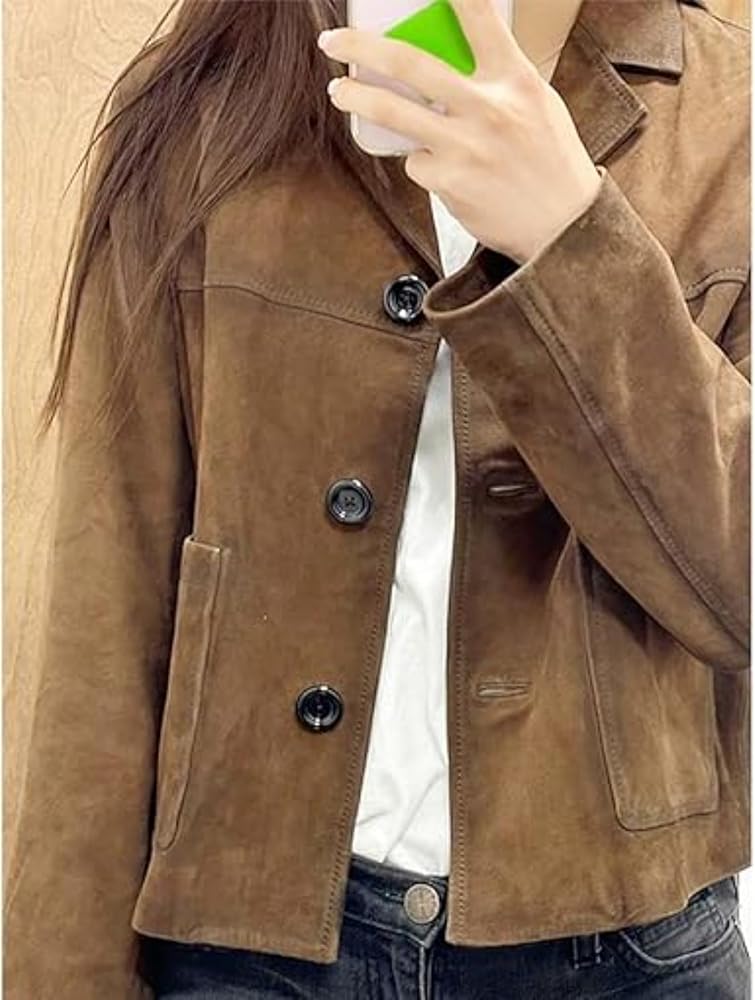 VCM Suede Jacket Women Y2k Outerwear Faux Leather Cropped Blazer
